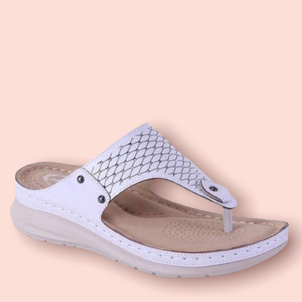 Italina Tan White Textured Rhinestone Thong Slide On Padded Comfort Wedge Sandal - Picture 5 of 6